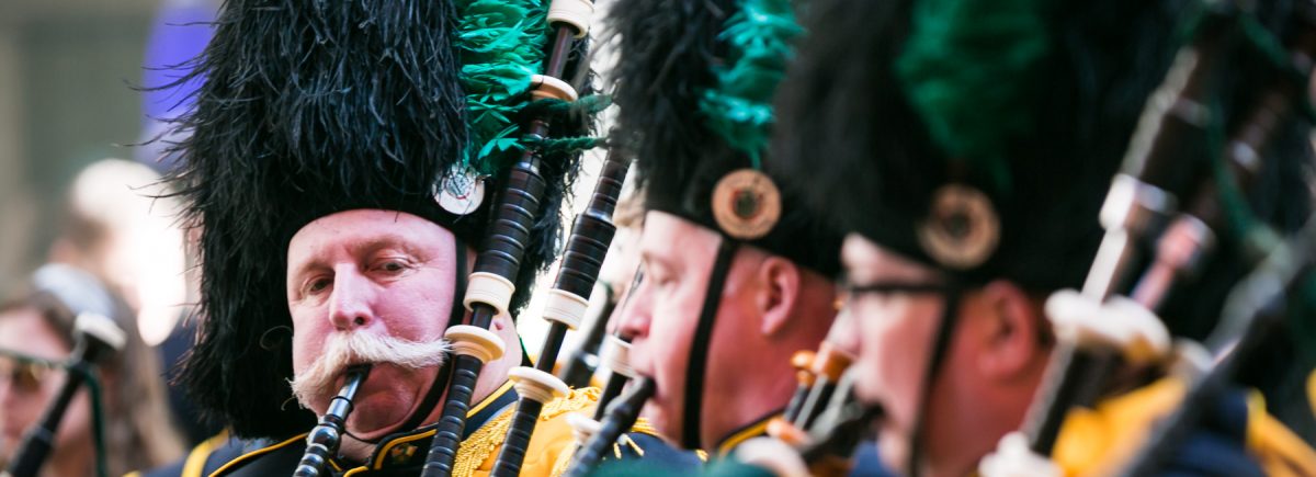 Bagpipe players at the 2016 St. Patrick's Day Parade in NYC by photojournalist, Kelly Williams