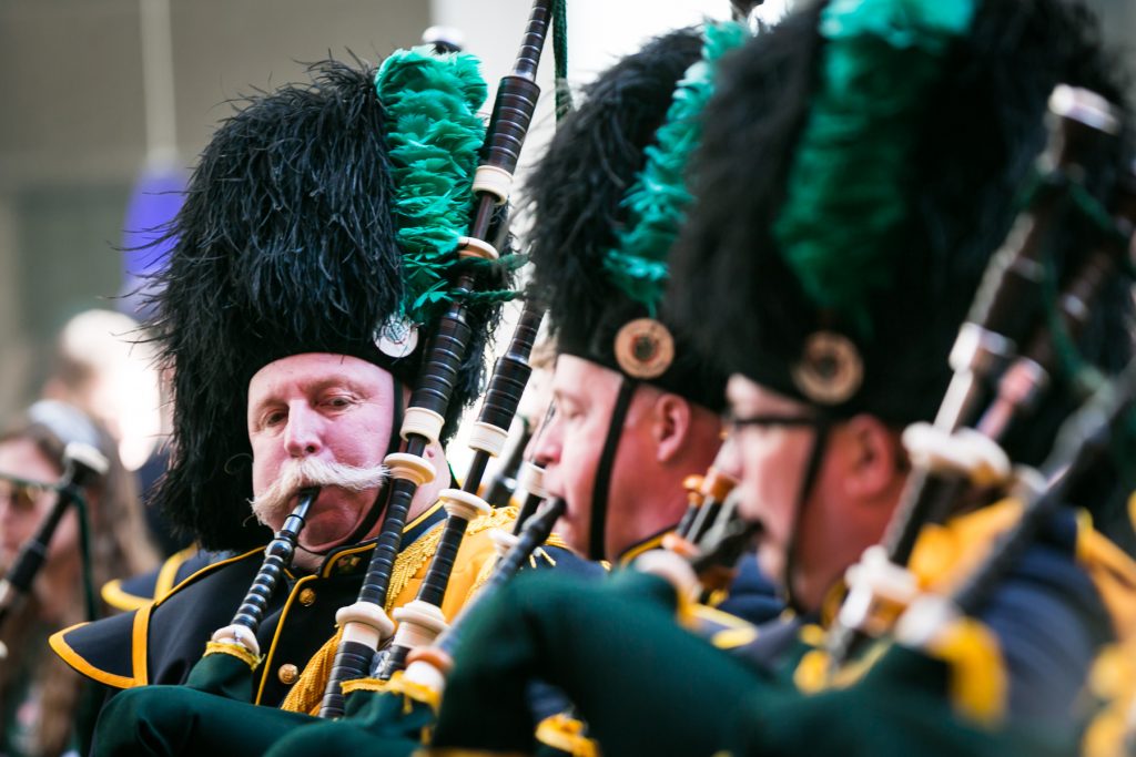 Bagpipe players at the 2016 St. Patrick's Day Parade in NYC by photojournalist, Kelly Williams