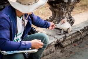Man feeding a baby monkey for an article on Angkor Wat travel tips