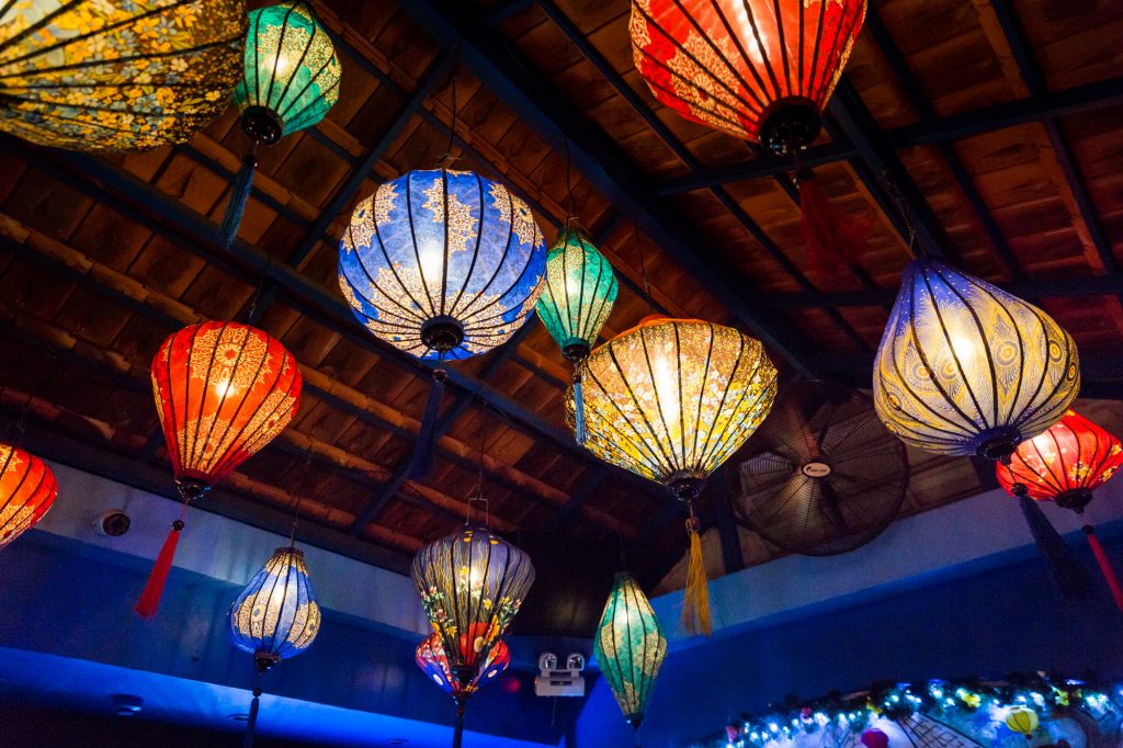 Colorful lanterns at The View rooftop bar for article on Ho Chi Minh City street photos
