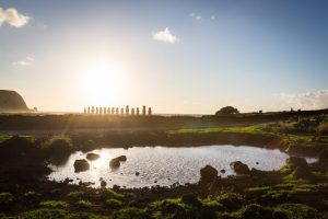 Sunrise over moai statues in Easter Island