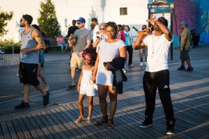 Coney Island street photography of a mother and child wearing sunglasses