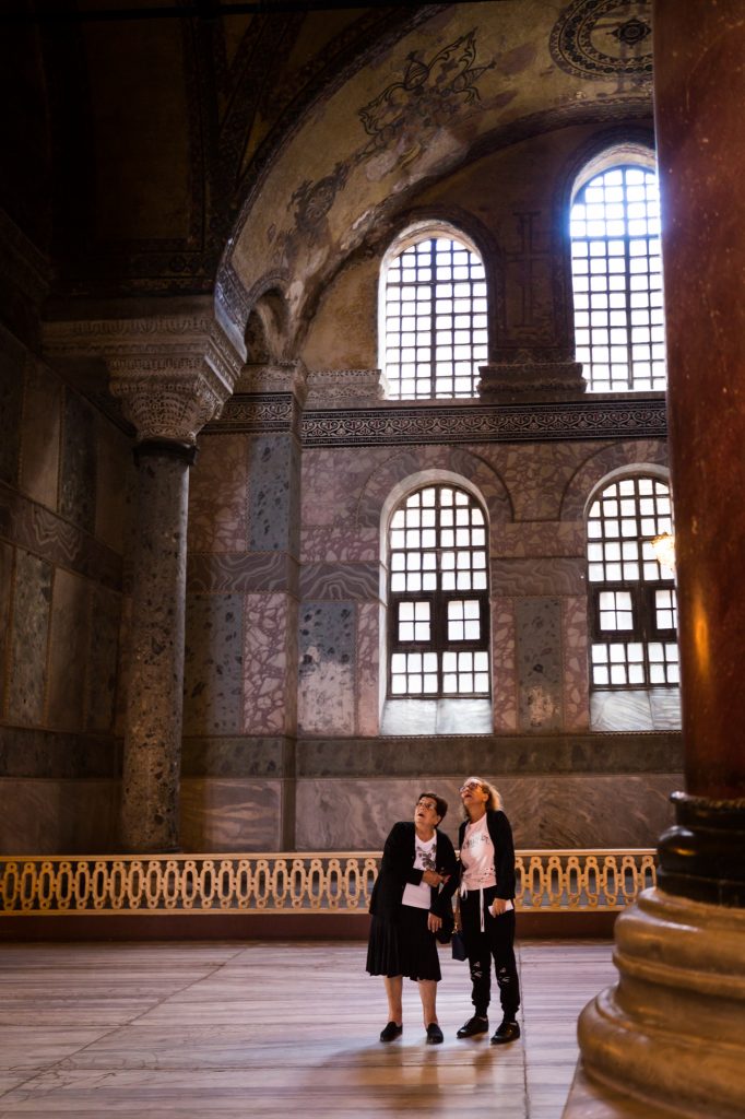 Two women tourists at Hagia Sophia for an article on Istanbul street photos