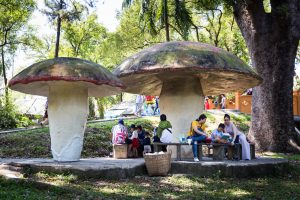 Families sitting under giant mushroom at the Saigon Zoo and Botanical Garden for article on Ho Chi Minh City street photos