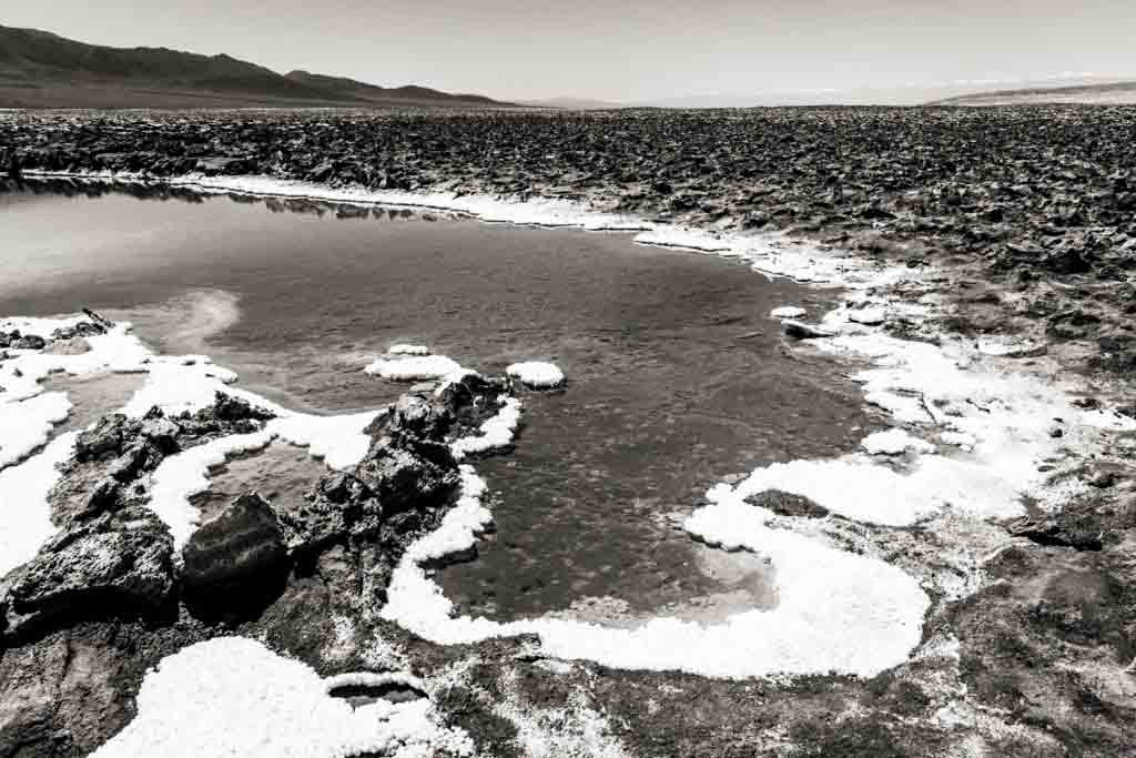 Pool of water at Laguna Baltinache in black and white