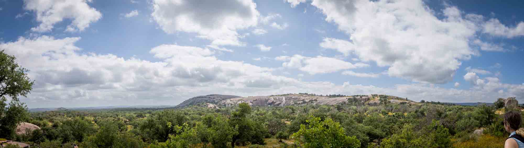 Panorama of view from Scenic View Trail for an article on Enchanted Rock hiking trips