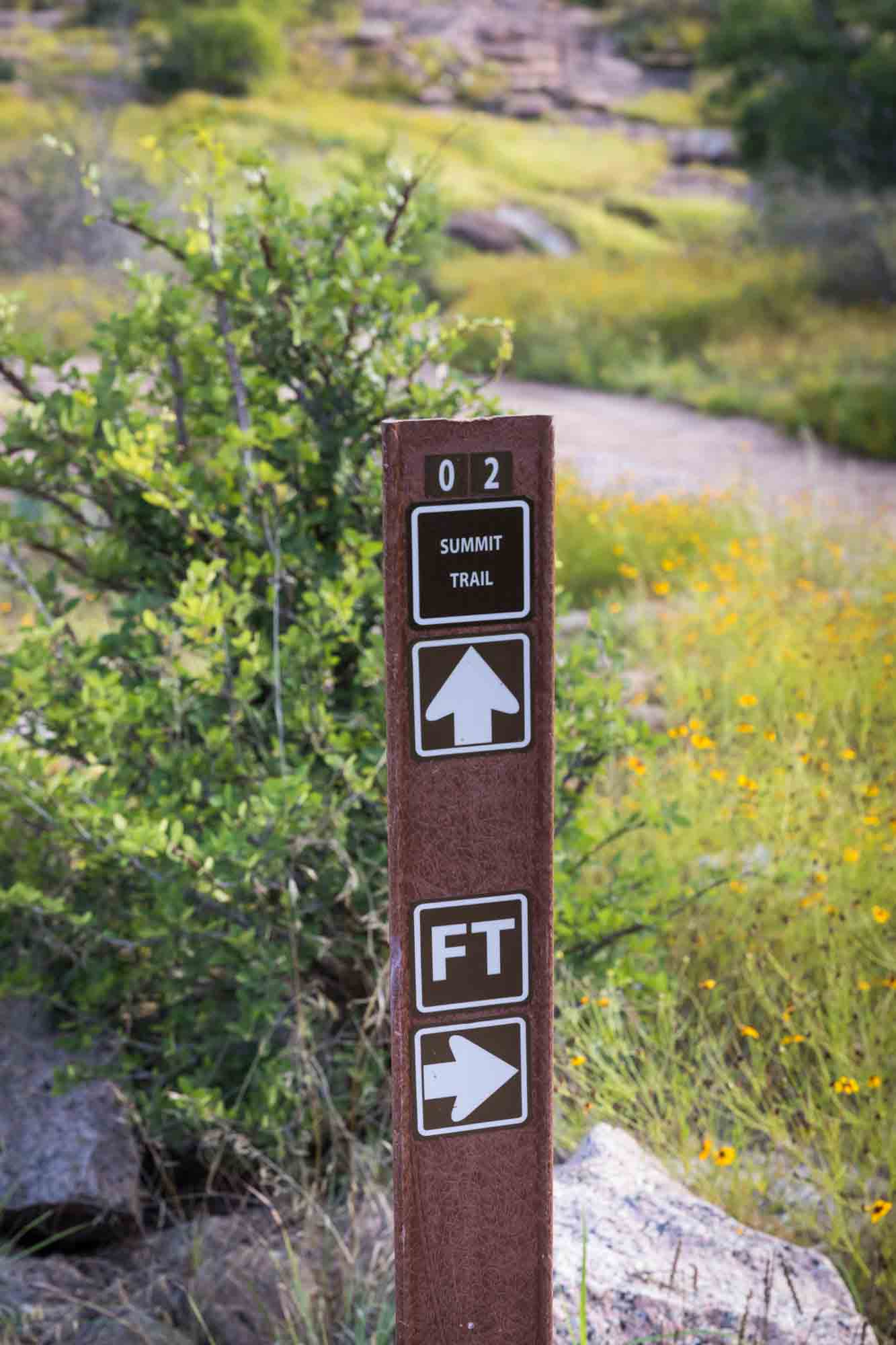 Summit trail sign with arrows in front of bushes for an article on Enchanted Rock hiking trips