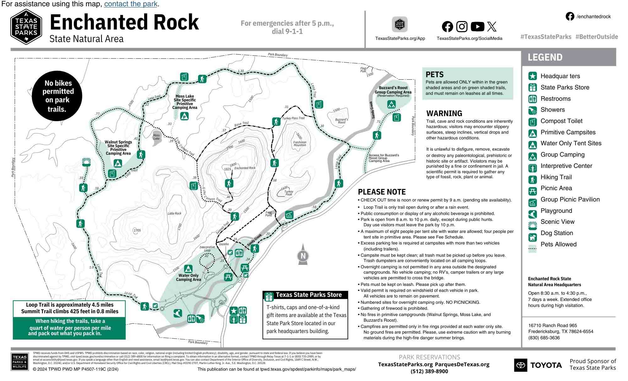 Map of facilities at Enchanted Rock State Park