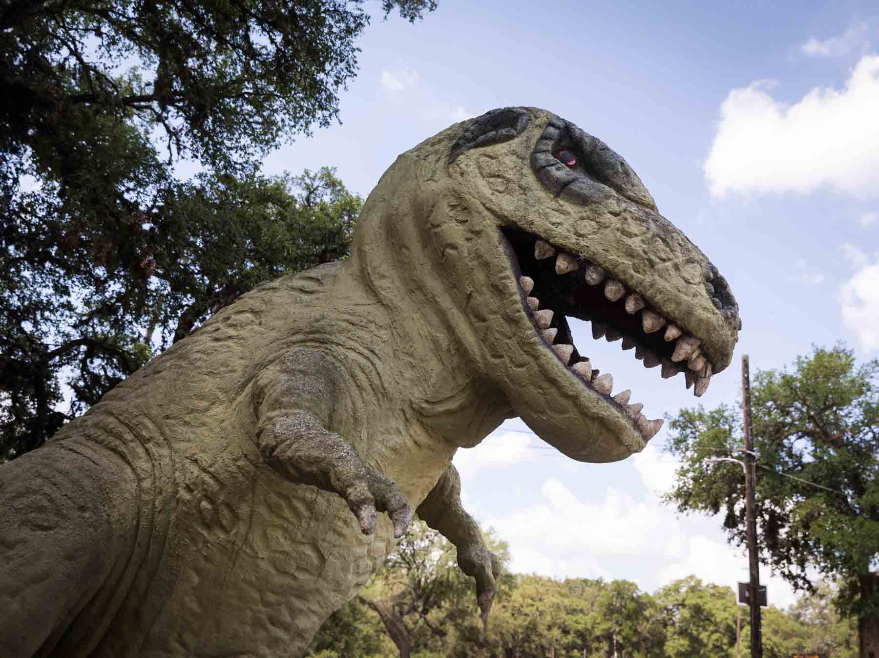 Dinosaur sculpture at Cascade Caverns for an article entitled, ‘Visiting Boerne, Texas: Everything You Need to Know’