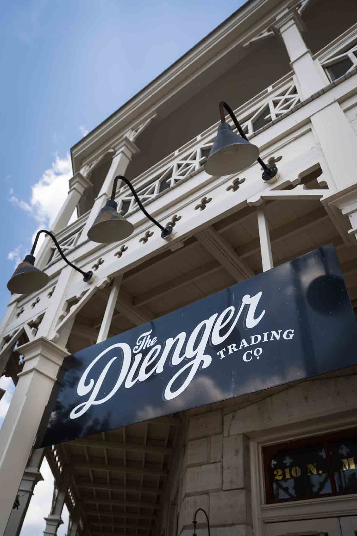 Front entrance and signage of the the Deinger Trading Company in Boerne