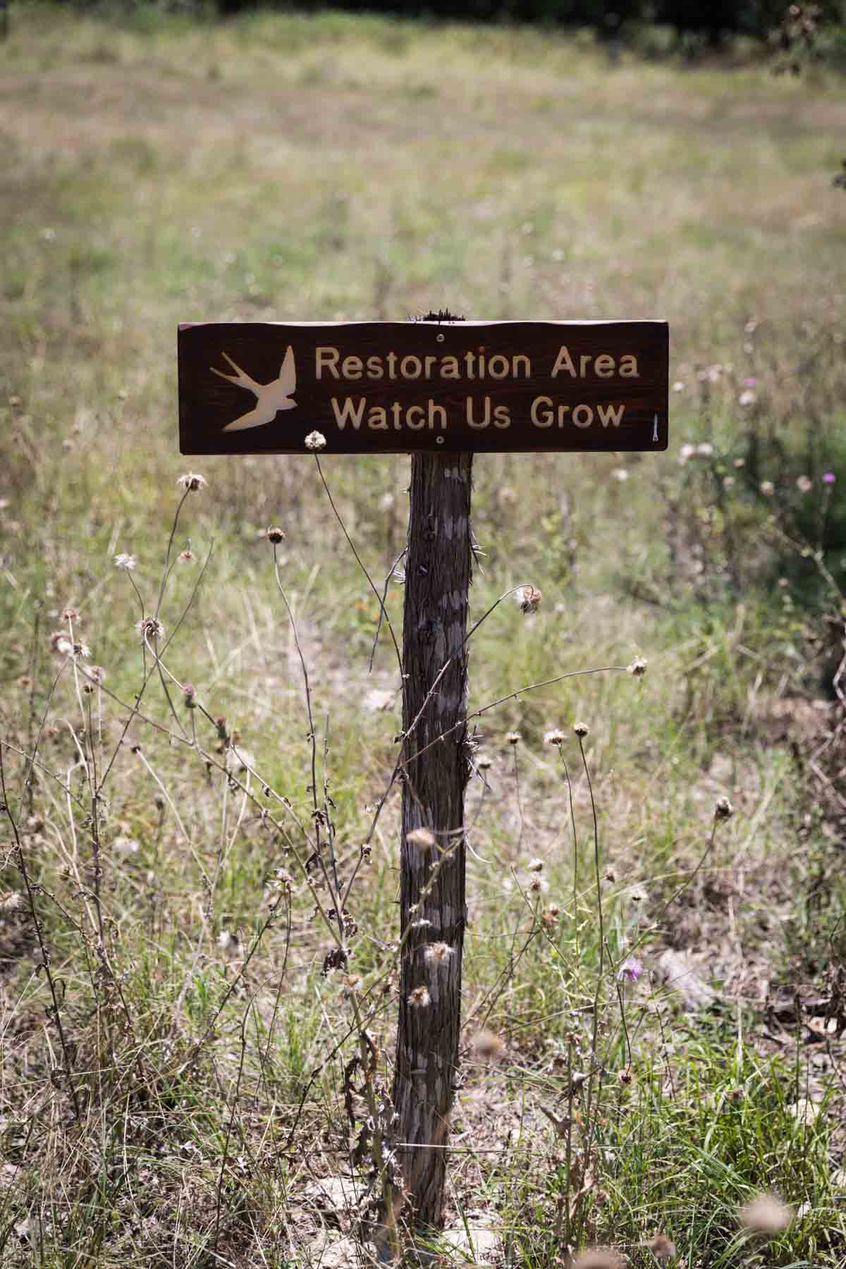 Wooden sign in meadow of Cibolo Center for Conservation for an article entitled, ‘Visiting Boerne, Texas: Everything You Need to Know’