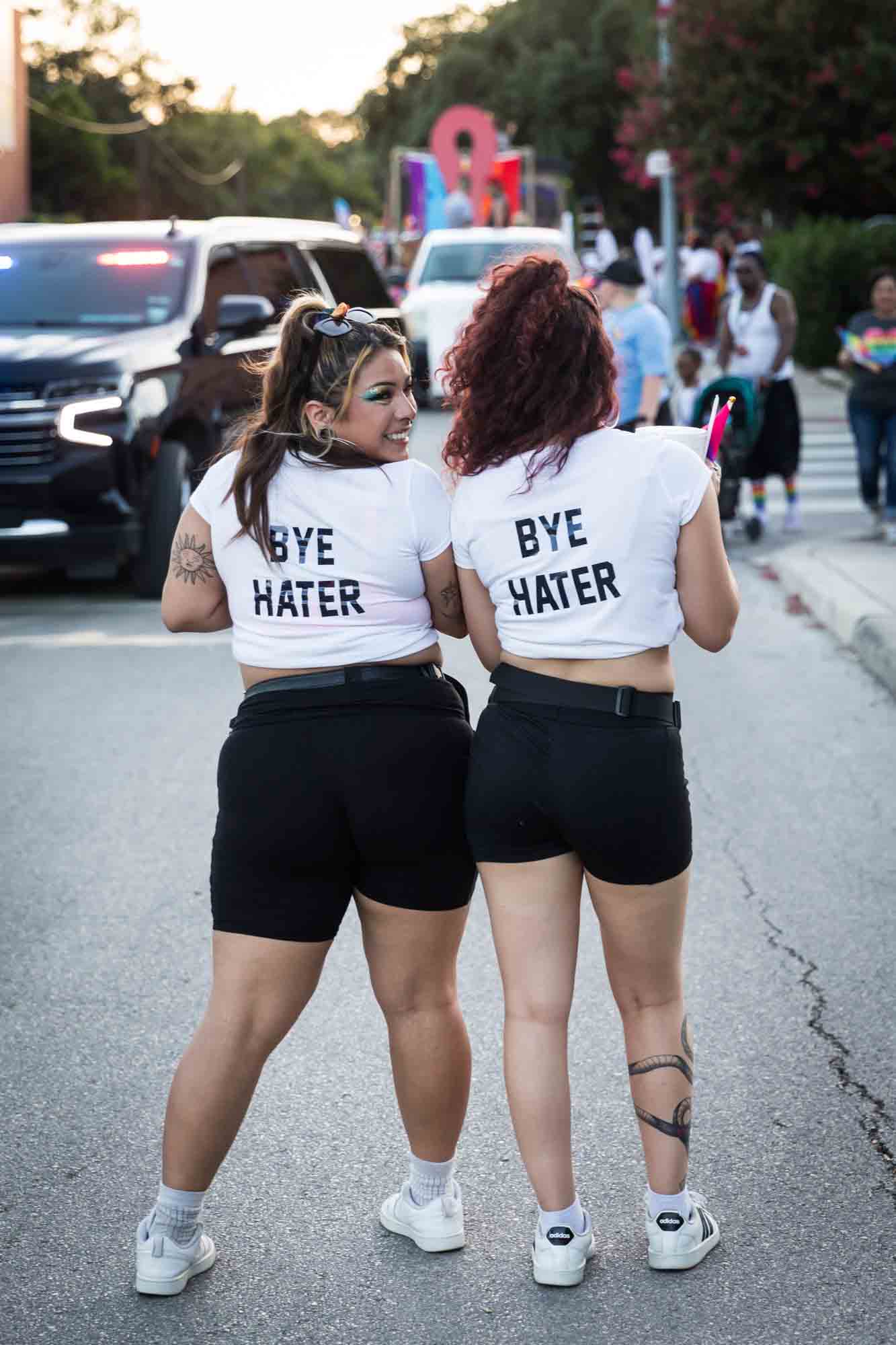 San Antonio gay pride parade photos of two women wearing 'bye haters' t-shirts