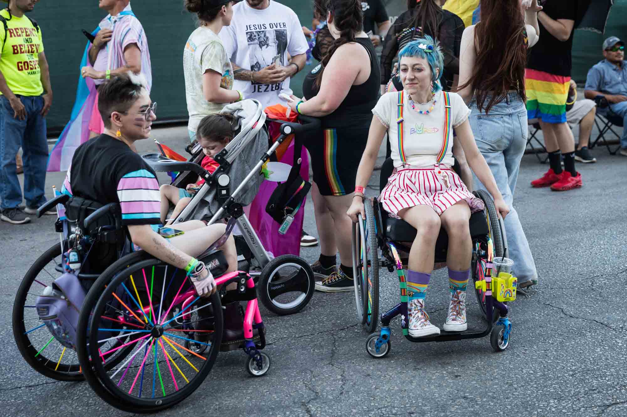 San Antonio gay pride parade photos of two women in wheelchairs before parade begins