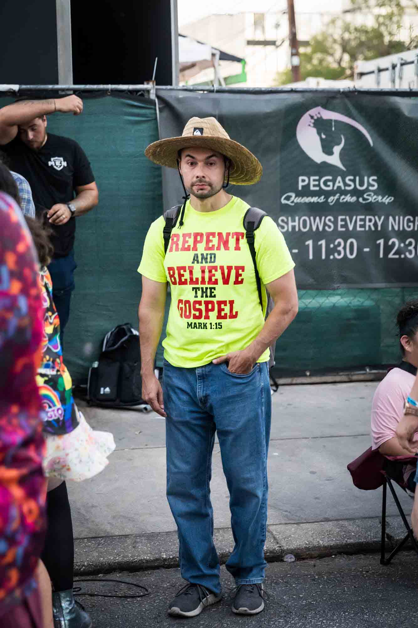 Religious protestor wearing a religious t-shirt at the gay pride parade